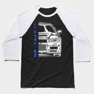 Skyline R34 GTR V Spec Half Front (White Print) Baseball T-Shirt